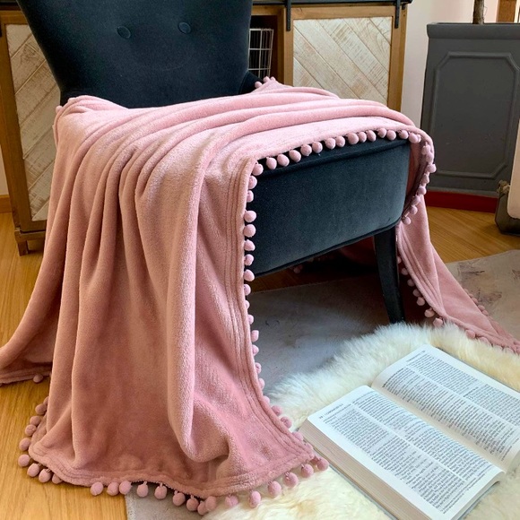 Urban Outfitters Other - Dusty Pink Modern Trendy Pompom Fringe Chic Cozy Soft Throw Blanket/Cover